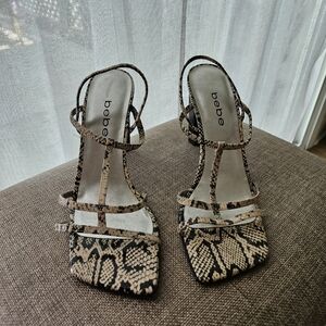 Bebe Black and Cream Snake Print Strappy Heels